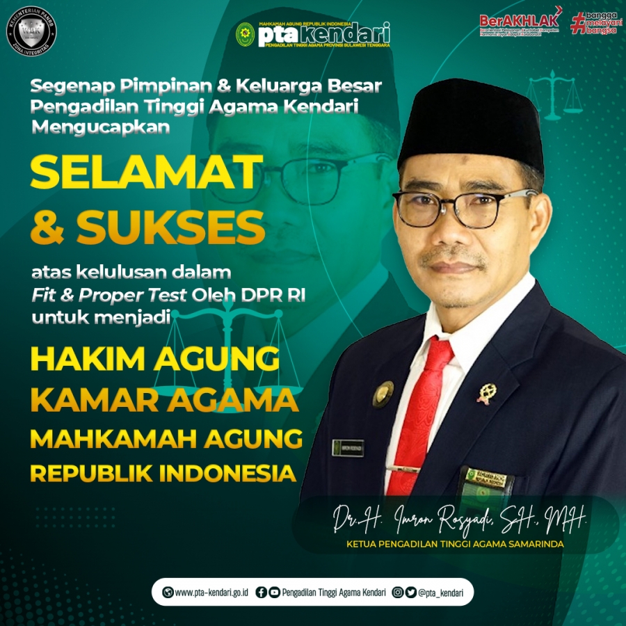 Selamat &amp; Sukses Dr. H. Imron Rosyadi, S.H., M.H. atas terpilihnya sebagai Hakim Agung Kamar Agama MA RI