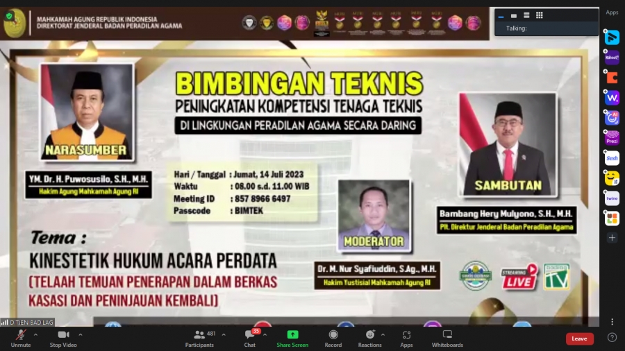PENGADILAN TINGGI AGAMA KENDARI MENGIKUTI KEGIATAN BIMBINGAN TEKNIS PADA LINGKUNGAN BADAN PERADILAN AGAMA SECARA DARING